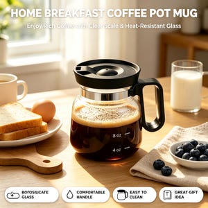 May include: A clear glass coffee pot with a black lid and handle, featuring white measurement markings in ounces from 4 oz to 16 oz. The text HOME BREAKFAST COFFEE POT MUG and Enjoy Rich Coffee with Clear Scale & Heat-Resistant Glass is visible.