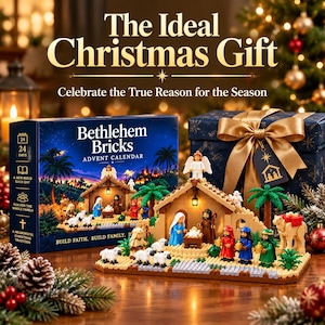 May include: A Bethlehem Bricks advent calendar box and a built brick nativity scene featuring figures of Mary, Joseph, baby Jesus, an angel, three wise men, sheep, and a camel. The box displays the text The Ideal Christmas Gift and Celebrate the True Reason for the Season.