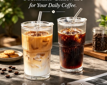 May include: Two clear, ribbed glass tumblers with lids and straws, one filled with iced coffee and milk, the other with black iced coffee. Text reads: Premium Glassware for Your Daily Coffee. High-Quality Glass, Keeps Drinks Cold Longer, BPA-Free Lid & Straw, Stylish & Versatile.