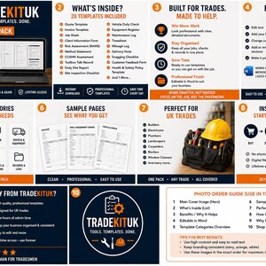 May include: A digital marketing graphic for TradeKitUK business templates featuring ten numbered sections. It displays a laptop, a yellow hard hat on a tool bag, and various document samples like invoices and job sheets in navy, white, and orange.