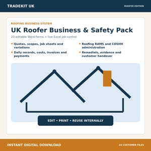 Könnte beinhalten: Ein digitales Geschäfts- und Sicherheitspaket für Dachdecker in Großbritannien mit 20 bearbeitbaren Word-Formularen und Excel-Jobsteuerung. Es umfasst Angebote, Rechnungen, RAMS und COSHH sowie eine Hausgrafik und den Text EDIT PRINT REUSE INTERNALLY.