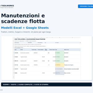 Puede incluir: Una plantilla digital de seguimiento de mantenimiento y plazos de flota para Excel y Google Sheets de CDS Toolworks. La interfaz muestra una hoja de cálculo con columnas para matrículas, tareas de mantenimiento, fechas y estados.