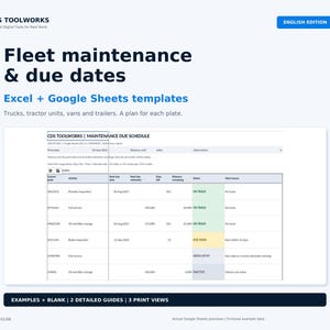 Flottenwartungs-Tracker für Excel & Google Sheets, Fahrzeugwartungsprotokoll, LKW- und Anhängervorlage