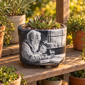 Gepersonaliseerde plantenpot, handgeschilderde keramische vetplant bloempot, zwart-wit portret en landschap op maat