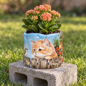 Op de afbeelding: Een cilindervormige keramische plantenpot met een beschilderde scène van een pluizig oranje kitten dat over een houten hek kijkt naast een kleine vogel, met rode bloemen aan de zijkant, gevuld met een bloeiende Kalanchoe met perzikkleurige bloemen.