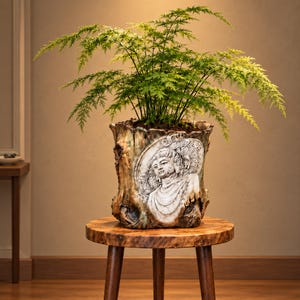 May include: A ceramic planter shaped like a tree trunk with a relief carving of a Buddha figure on the front. The planter features earthy brown and green tones and contains a vibrant green fern with delicate, feathery fronds extending outward.