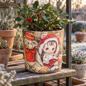 Christmas Planter, Personalized Hand-Painted Sculptural Ceramic Plant Pot, Custom Teddy Bear Pottery