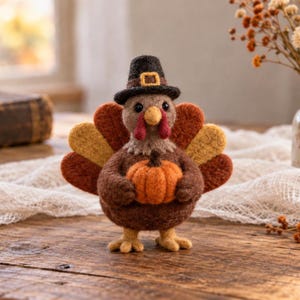 Nålfiltad kalkonfigur med pumpa, Thanksgiving-ulldekor, 7,5–12 cm