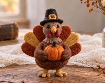 Needle Felted Turkey Figurine with Pumpkin, Thanksgiving Wool Decor, 3–5 Inches