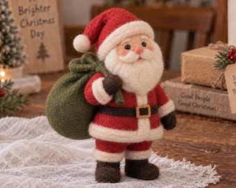 Papá Noel de fieltro de aguja, figura de Papá Noel de lana hecha a mano, decoración navideña para estantes, regalo rústico para las fiestas, 7,6-12,7 cm