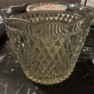 Vintage Indiana Glass Diamond Point Planter, Clear Glass Cachepot with Scalloped Rim, Decorative Plant Holder, 5.25 x 6.5 Inches