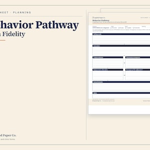 May include: A Behavior Pathway Plan Fidelity data sheet form by Applied Paper Co. featuring a structured layout with sections for setting events, antecedents, problem behavior, maintaining consequences, replacement alternatives, and notes on a cream background.