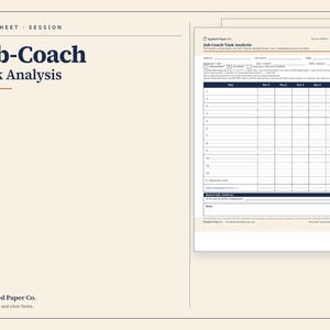 Könnte beinhalten: Ein Job-Coach Aufgabenanalyse-Datenblatt auf cremefarbenem Papier. Das Dokument enthält eine dunkelblaue Kopfzeile, ein Raster zur Verfolgung von zwölf Schritten über fünf Durchläufe sowie einen Bereich für Notizen. Das Applied Paper Co. Logo ist sichtbar.