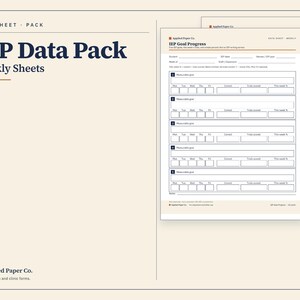Op de afbeelding: Een IEP-datapakket met wekelijkse bladen in een overzichtelijke lay-out. Het document bevat velden voor leerlinginformatie, IEP-data en het bijhouden van de voortgang van doelen met genummerde secties voor meetbare doelen, dagelijkse vakjes en berekeningen.