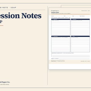 May include: A cream-colored printable session note form with dark blue text titled Session Notes SOAP. The document includes sections for Subjective, Objective, Assessment, and Plan, with lines for writing, a signature line, and Applied Paper Co. branding.
