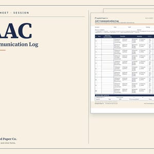 May include: A printed AAC Communication Log data sheet by Applied Paper Co. featuring a structured table with ten numbered rows for tracking communication sessions, including columns for time, function, modality, and notes on a cream-colored background.
