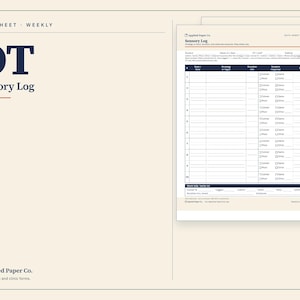 May include: A weekly OT Sensory Log data sheet by Applied Paper Co. The document features a table with columns for date, time, strategy, duration, and student response, including checkboxes for calm, same, more, or other, with a weekly tally section.