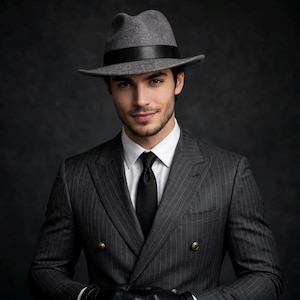 Könnte beinhalten: Ein grauer Filz-Fedora mit schwarzem Lederband, kombiniert mit einem anthrazitfarbenen, doppelreihigen Nadelstreifen-Sakko, einem weißen Hemd mit Kragen, einer einfarbigen schwarzen Krawatte und schwarzen Lederhandschuhen vor dunklem Hintergrund.