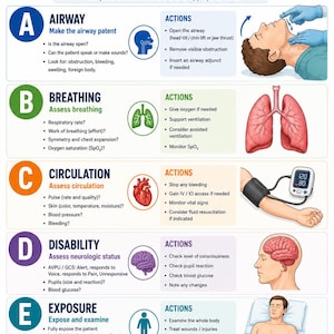 Op de afbeelding: Een educatieve medische poster getiteld ABCDE ASSESSMENT APPROACH. Het beschrijft systematische stappen voor patiëntbeoordeling: A voor Airway, B voor Breathing, C voor Circulation, D voor Disability en E voor Exposure, met iconen, tekst en illustraties.