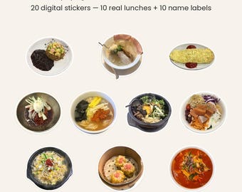 Puede incluir: Un conjunto de pegatinas digitales titulado LUNCH VOL. 2 JIKJANGIN K, que incluye 20 imágenes precortadas con 10 ilustraciones de varios platos de almuerzo coreanos en cuencos y platos, además de 10 etiquetas. Formato PNG a 300 DPI.