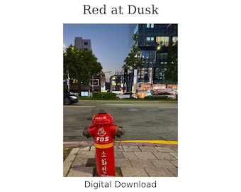 Puede incluir: Una boca de incendio de color rojo brillante se encuentra en una acera pavimentada al atardecer. La boca de incendio presenta el texto FDS y un icono de llama, con caracteres coreanos impresos verticalmente. El fondo muestra una calle.