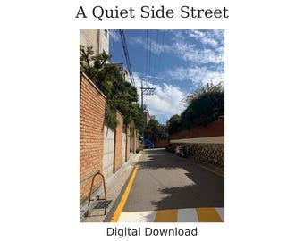 Puede incluir: Una calle lateral tranquila con paredes de ladrillo a ambos lados, una línea amarilla pintada en el asfalto, postes de luz y árboles verdes bajo un cielo azul con nubes blancas. El texto A Quiet Side Street y Digital Download está incluido.