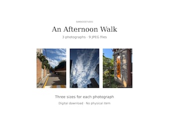 Puede incluir: Un conjunto de descarga digital titulado An Afternoon Walk de SANSOOSTUDIO que contiene 3 fotografías y 9 archivos JPEG. La imagen muestra tres fotografías verticales: una calle con muros de ladrillo, un cielo azul y un edificio.