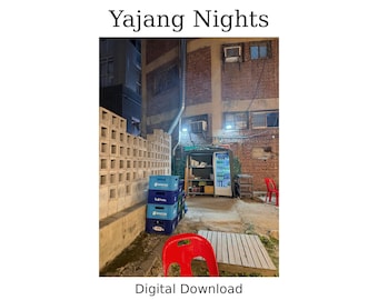 Puede incluir: Una fotografía digital titulada Yajang Nights que muestra una pila de cajas de plástico azul junto a un muro de bloques de hormigón. Al fondo, un pequeño puesto exterior con una nevera iluminada frente a un edificio de ladrillo.