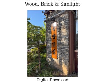 Puede incluir: Un letrero de madera naranja, vertical y rectangular, con texto coreano en negro montado sobre una pared de ladrillo gris. El letrero muestra los caracteres 묵밥맛집. La escena está iluminada por luz solar brillante, proyectando sombras.