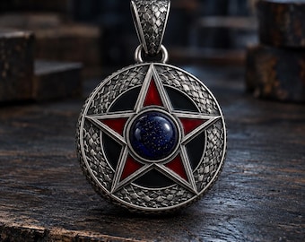 May include: A circular silver pendant featuring a central dark blue glittery stone set within a five-pointed star. The star has red enamel accents and is surrounded by a textured, scale-like pattern. The pendant includes a matching bail.