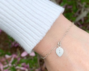 Dainty Sterling Silver Semicolon Bracelet, Hand Stamped Charm