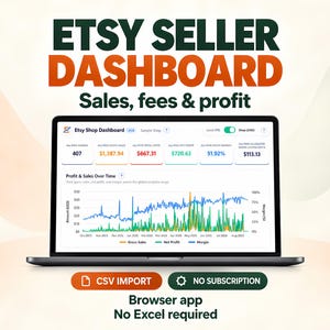 Könnte beinhalten: Ein Laptop-Bildschirm zeigt ein Etsy-Verkäufer-Dashboard mit Verkaufs-, Gebühren- und Gewinnkennzahlen. Die Benutzeroberfläche enthält numerische Daten, ein Liniendiagramm mit dem Titel Profit & Sales Over Time sowie Schaltflächen für CSV-Import.