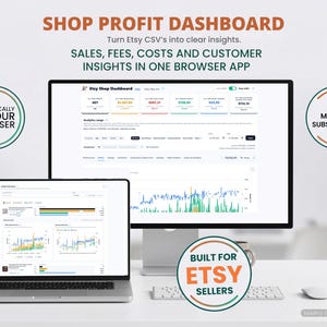 May include: A shop profit dashboard software interface displayed on a computer monitor and a laptop screen. The interface shows sales, fees, costs, and customer insights with charts and data tables. Text includes "Shop Profit Dashboard" and "Built for Etsy Sellers."