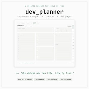 Può includere: Un'agenda digitale senza data intitolata dev_planner con 513 pagine. Il layout include sezioni per attività quotidiane, orari, liste di cose da fare e note. Il testo include "she debugs her own life. line by line." e dettagli per 420 pagine giornaliere, 60 settimanali, 12 mensili e 10 progetti.