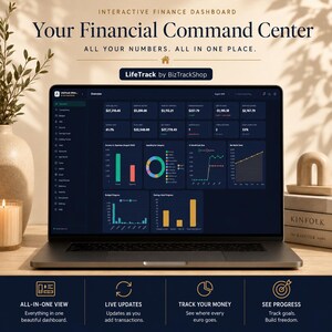 May include: A laptop displaying the LifeTrack interactive finance dashboard by BizTrackShop. The screen shows financial data including total balance, monthly income, expenses, and various charts like bar graphs, a donut chart, and a net worth trend line.