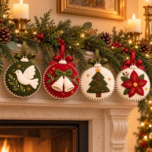 May include: Four round felt Christmas ornaments hanging in a row. The first is dark green with a white dove, the second is red with two white bells, the third is cream with a green Christmas tree, and the fourth is cream with a red poinsettia.