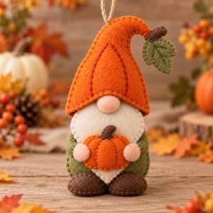 May include: A felt gnome ornament featuring a tall orange hat with a green leaf accent, a white beard, and a small orange pumpkin held in its hands. The gnome has a round pink nose, olive green clothing, and brown feet, with a string for hanging.