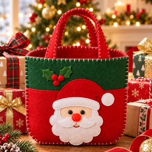 Pode incluir: Uma bolsa de feltro vermelha e verde com uma aplicação do rosto do Pai Natal na frente, uma borda costurada em branco e duas alças. A secção superior é verde escura com detalhes de azevinho e a secção inferior é de cor vermelha viva.