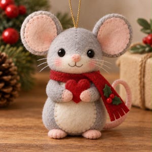 May include: A felt mouse ornament featuring grey fur, a cream-coloured belly, and large pink-lined ears. The mouse wears a red scarf with a small holly leaf and berry accent, and holds a red felt heart. A gold string is attached to the top.