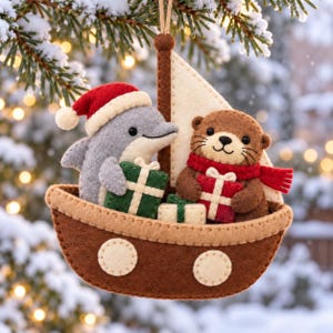 May include: A felt Christmas ornament shaped like a brown boat with a white sail, carrying a gray dolphin wearing a red Santa hat and a brown otter wearing a red scarf. Both animals hold small green and red gift boxes with white ribbons.