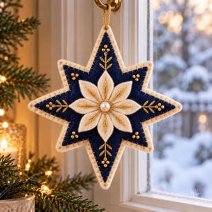 May include: A star-shaped felt ornament featuring a deep navy blue base with cream-colored edges. The center displays a layered cream flower with gold embroidery and a central pearl bead. Gold metallic thread accents decorate the points.