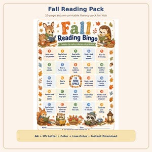 May include: A Fall Reading Bingo printable literacy pack featuring a 5x5 grid of reading challenges. The sheet includes illustrations of a deer, hedgehog, squirrel, owl, and raccoon reading books, surrounded by autumn leaves, acorns, and a lantern.