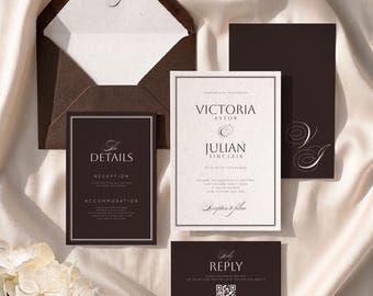 May include: A wedding invitation suite featuring dark brown and cream paper stationery. The set includes a main invitation, a details card, a reply card with a QR code, and a dark brown envelope with a monogrammed liner, all displaying elegant serif typography.