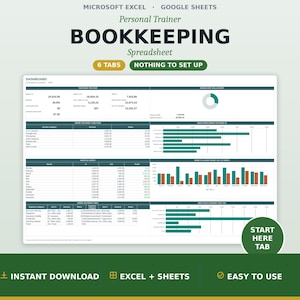 May include: A digital bookkeeping spreadsheet for personal trainers compatible with Microsoft Excel and Google Sheets. The dashboard displays financial data, including income, expenses, and profit, using tables, bar charts, and a pie chart. It features six tabs and includes text labels like "6 TABS," "NOTHING TO SET UP," and "START HERE TAB."