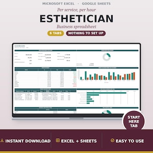 Esthetician Business Spreadsheet, Skin Care Studio Booking and Product Cost Tracker, Rebooking Rate and Room Time Log, Google Sheets Excel