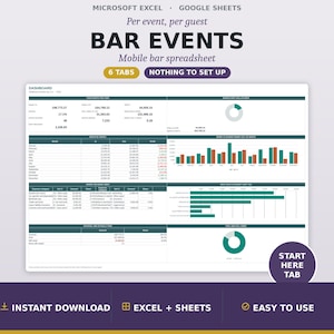 May include: A digital spreadsheet template for bar events compatible with Microsoft Excel and Google Sheets. The dashboard features data tables, bar charts, and pie charts in teal and dark gray. Text includes "BAR EVENTS", "6 TABS", and "START HERE TAB".