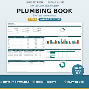 May include: A digital plumbing business spreadsheet for Microsoft Excel and Google Sheets featuring a dashboard with financial data, bar charts, and pie charts. The layout includes six tabs, expense categories, monthly profit tracking, and invoice summaries.