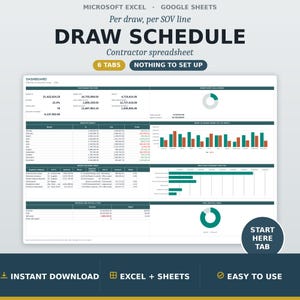 Può includere: Un foglio di calcolo digitale per il piano di prelievo dell'appaltatore per Microsoft Excel e Google Sheets. La dashboard presenta un'interfaccia in verde acqua scuro e bianco con sei schede, tabelle di dati, grafici a barre e a torta.