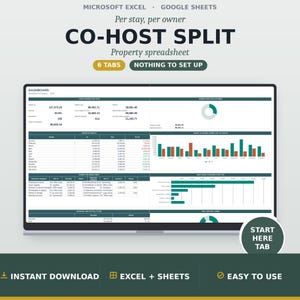 Airbnb Co-Host Spreadsheet, Owner Statement and Payout Split Tracker, Short-Term Rental Management Fee Log, Google Sheets Excel