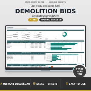 Commercial Demolition Estimating Spreadsheet, Interior Strip Out and Scrap Credit Bid Template, Job Cost Tracker, Google Sheets Excel